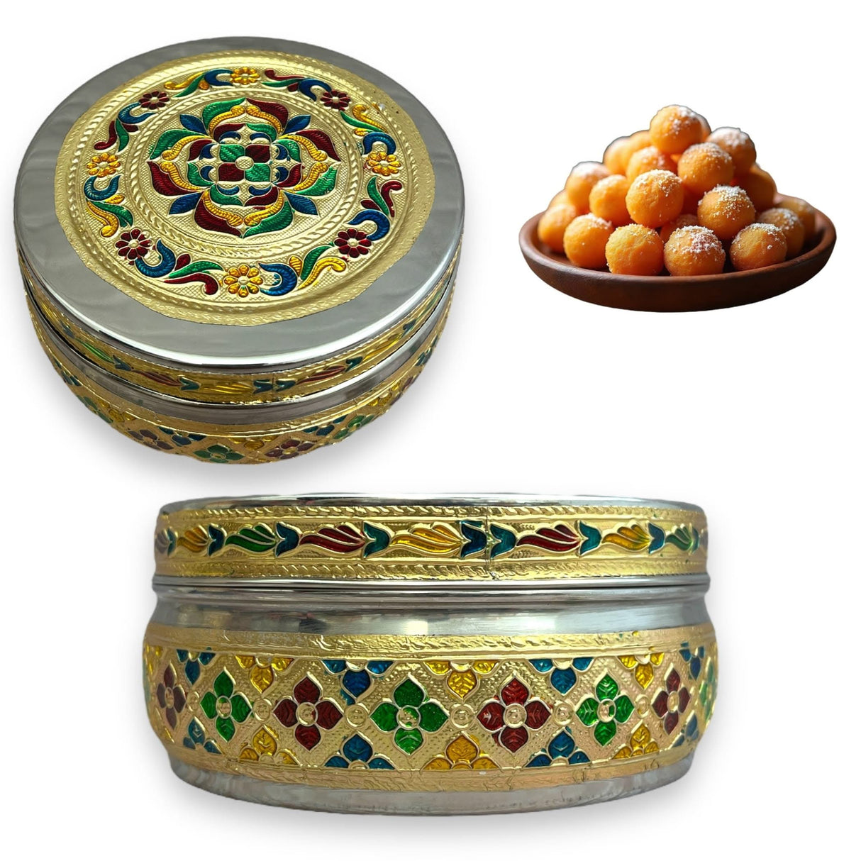 Decorated metal container with sweets, ideal for weddings and festive gift packaging