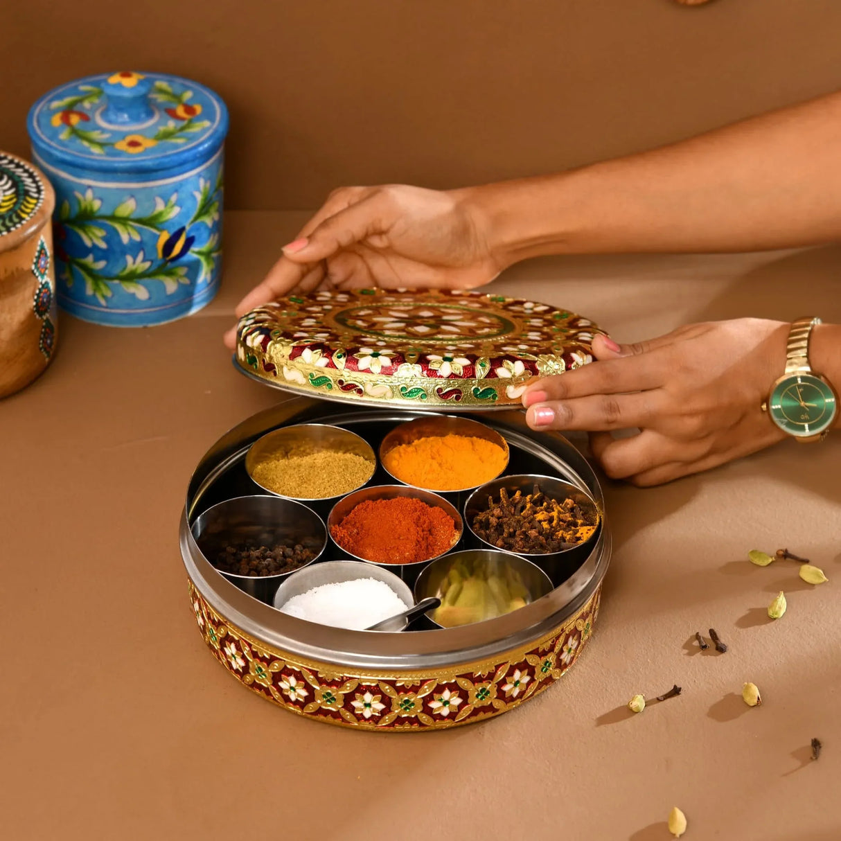 Meenakari Steel Indian Spices Box Designer Small Round Masala Box Spice Organizer Masala Dabba Kitchen Essentials Home Decor Housewarming Gift - LoveNspire