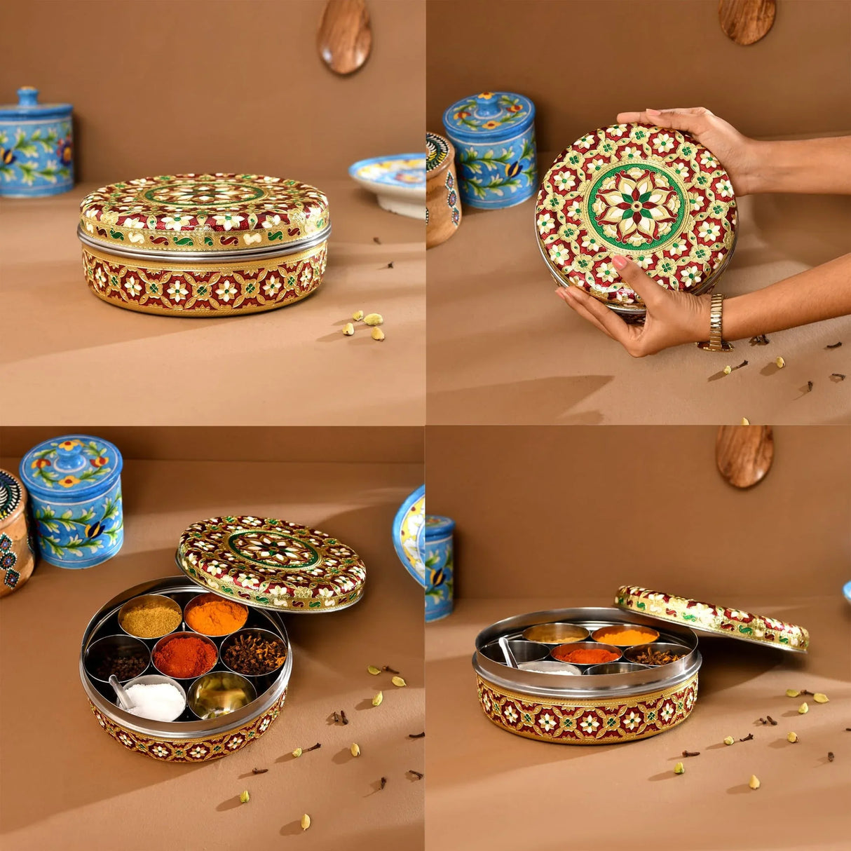 Meenakari Steel Indian Spices Box Designer Small Round Masala Box Spice Organizer Masala Dabba Kitchen Essentials Home Decor Housewarming Gift - LoveNspire