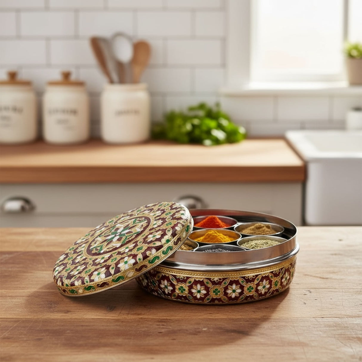 Ornate steel Indian spice box with seven colorful spice compartments for kitchen decor