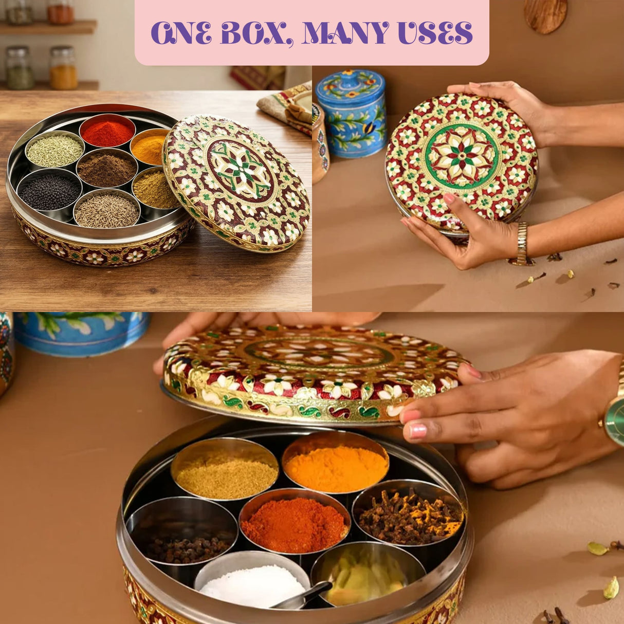 Ornate Meenakari steel Indian spices box with gold red green floral enamel