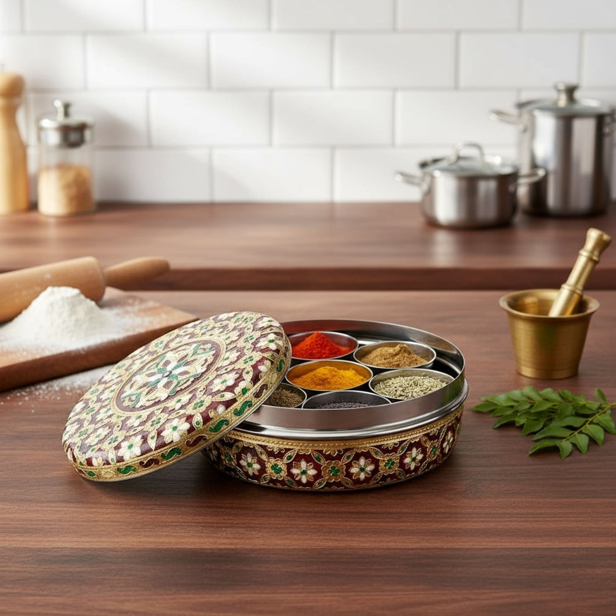 Ornate round steel Indian spice box with seven compartments for kitchen organization