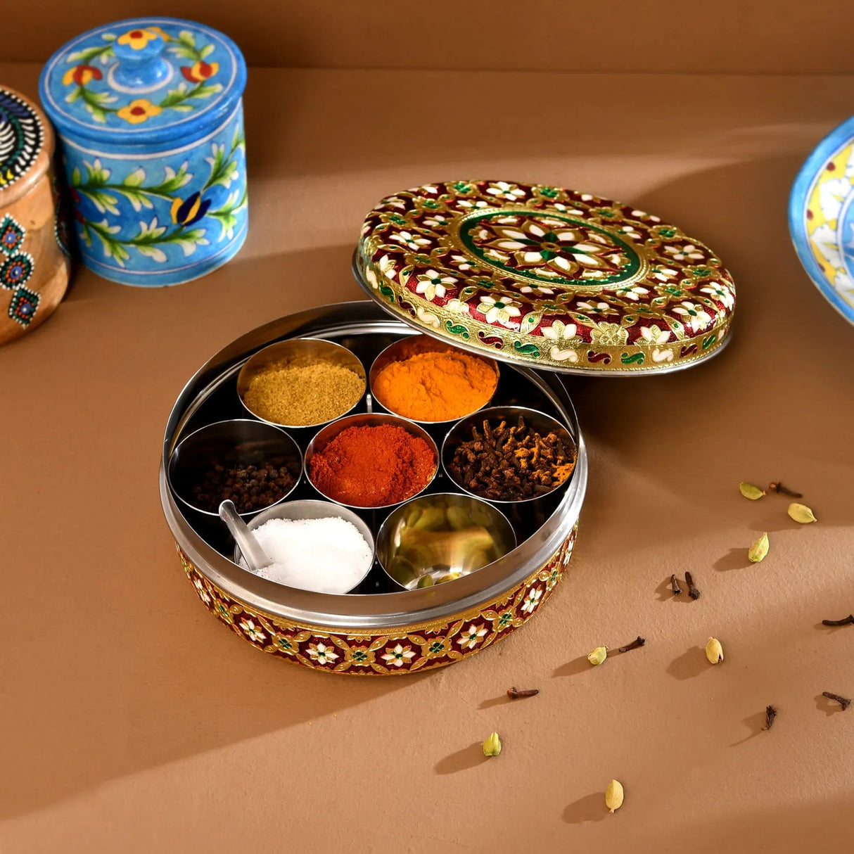 Meenakari Steel Indian Spices Box Designer Small Round Masala Box Spice Organizer Masala Dabba Kitchen Essentials Home Decor Housewarming Gift - LoveNspire
