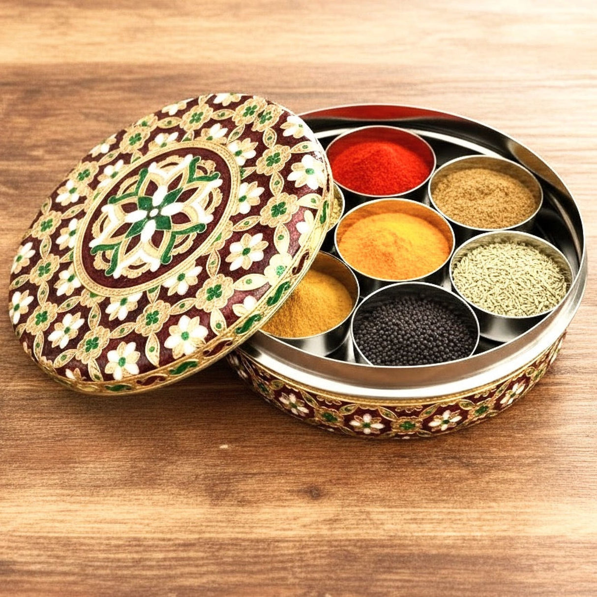 Decorative Meenakari Steel Indian Spice Box with colorful spices for kitchen and home decor