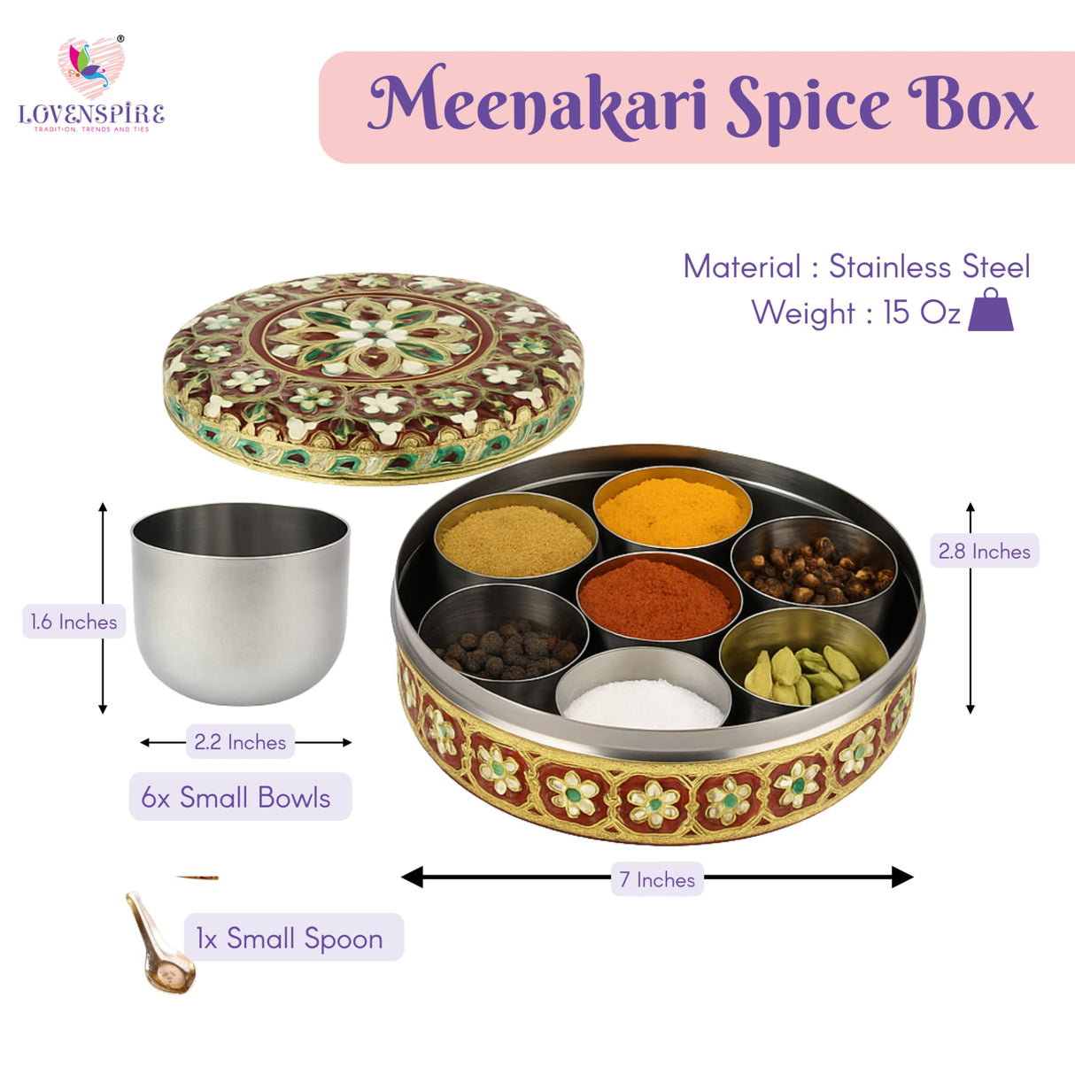 Stainless steel Meenakari spice box with floral inlay, 7-inch round masala dabba