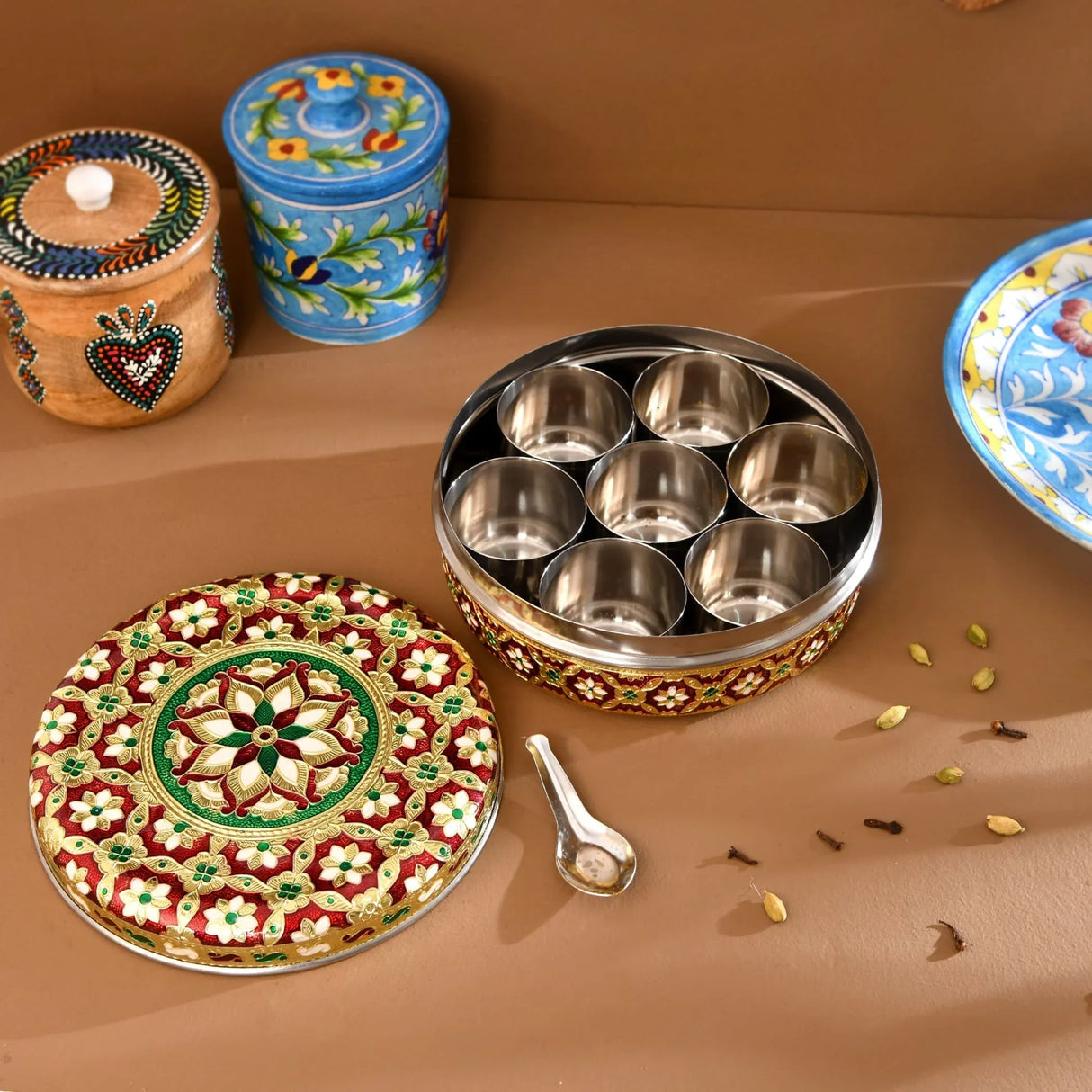 Meenakari Steel Indian Spices Box Designer Small Round Masala Box Spice Organizer Masala Dabba Kitchen Essentials Home Decor Housewarming Gift - LoveNspire