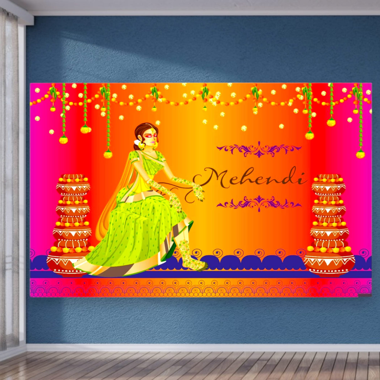 Mehendi Ceremony Backdrop Indian Traditional Cloth 5x8 Feet Backdrop Mehendi Banner Indian Wall Art Photo Decor Banner Indian Wedding Backdrop Decorative Mehendi Stage Cloth - LoveNspire