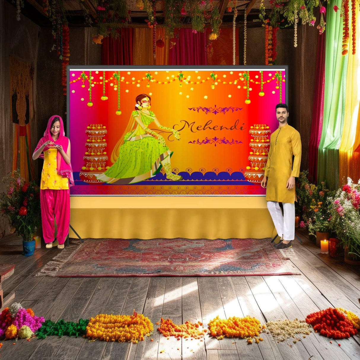 Mehendi Ceremony Backdrop Indian Traditional Cloth 5x8 Feet Backdrop Mehendi Banner Indian Wall Art Photo Decor Banner Indian Wedding Backdrop Decorative Mehendi Stage Cloth - LoveNspire