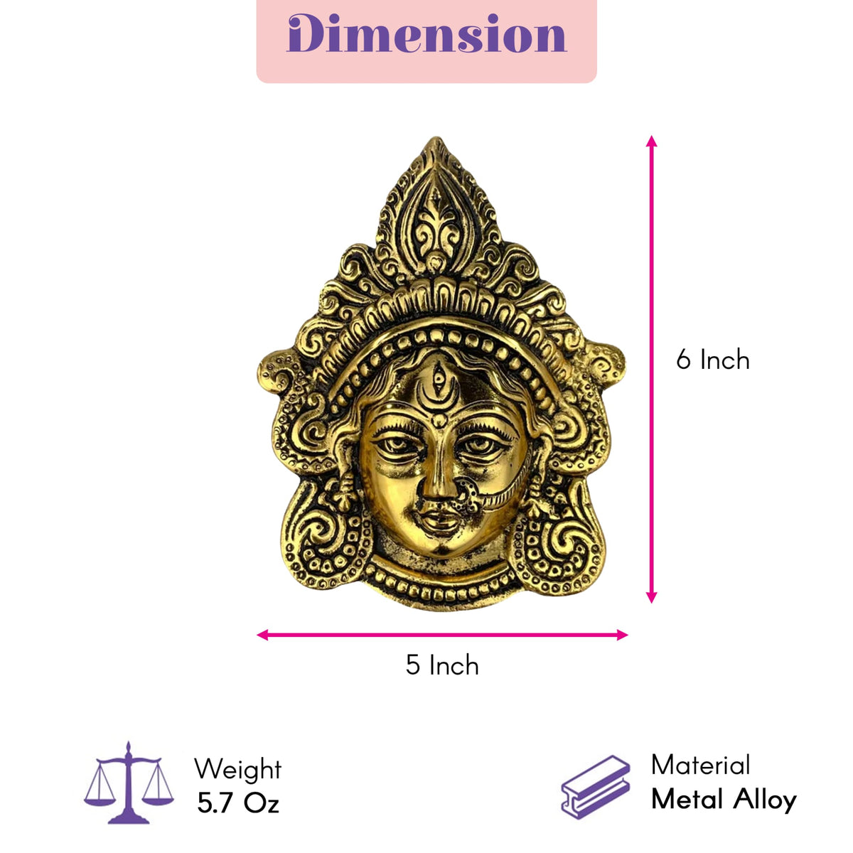 Golden metal durga face wall hanging with intricate headpiece and jewelry for home decor puja temple mandir gift