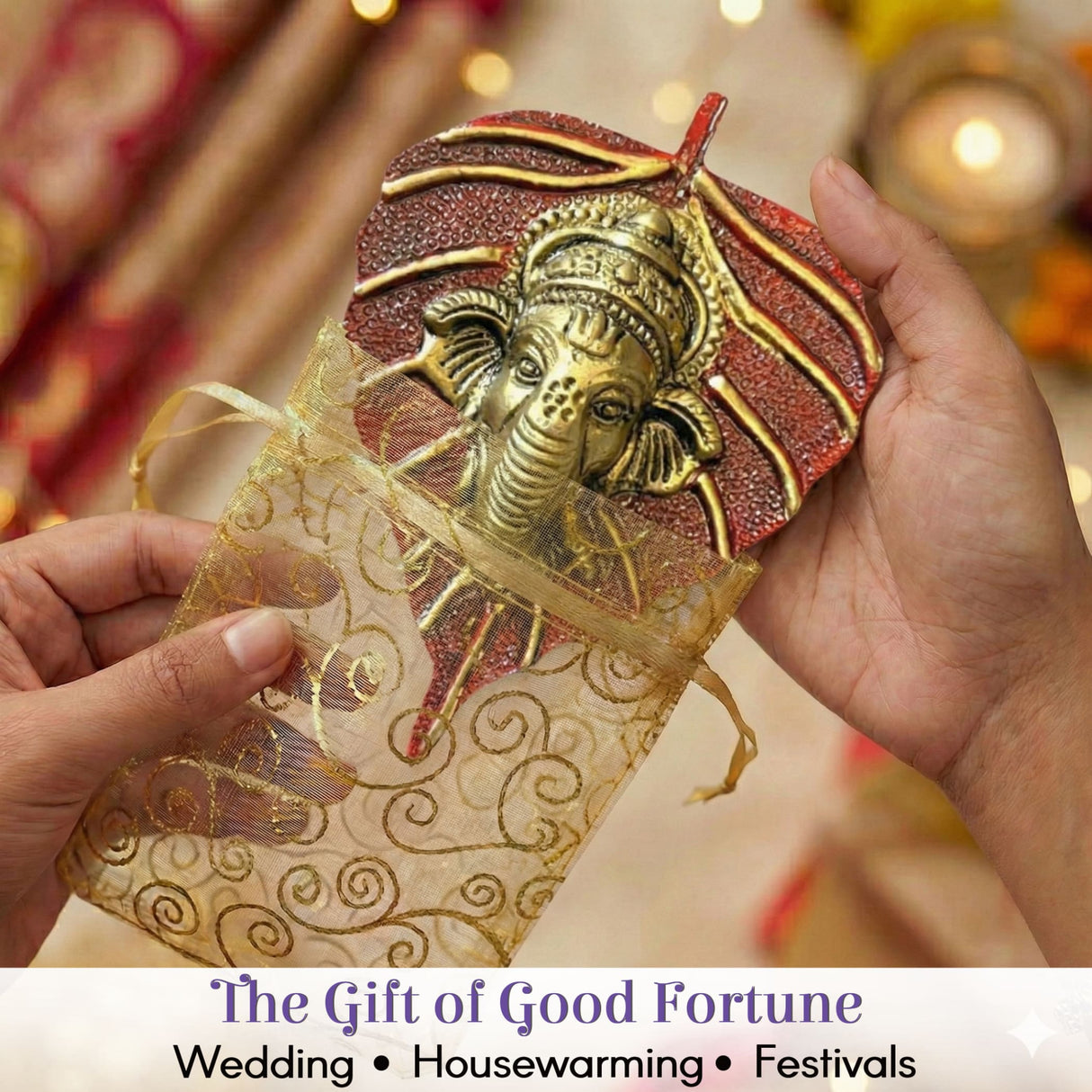 Golden Ganesha figurine on red base in gold organza pouch, Diwali wall hanging