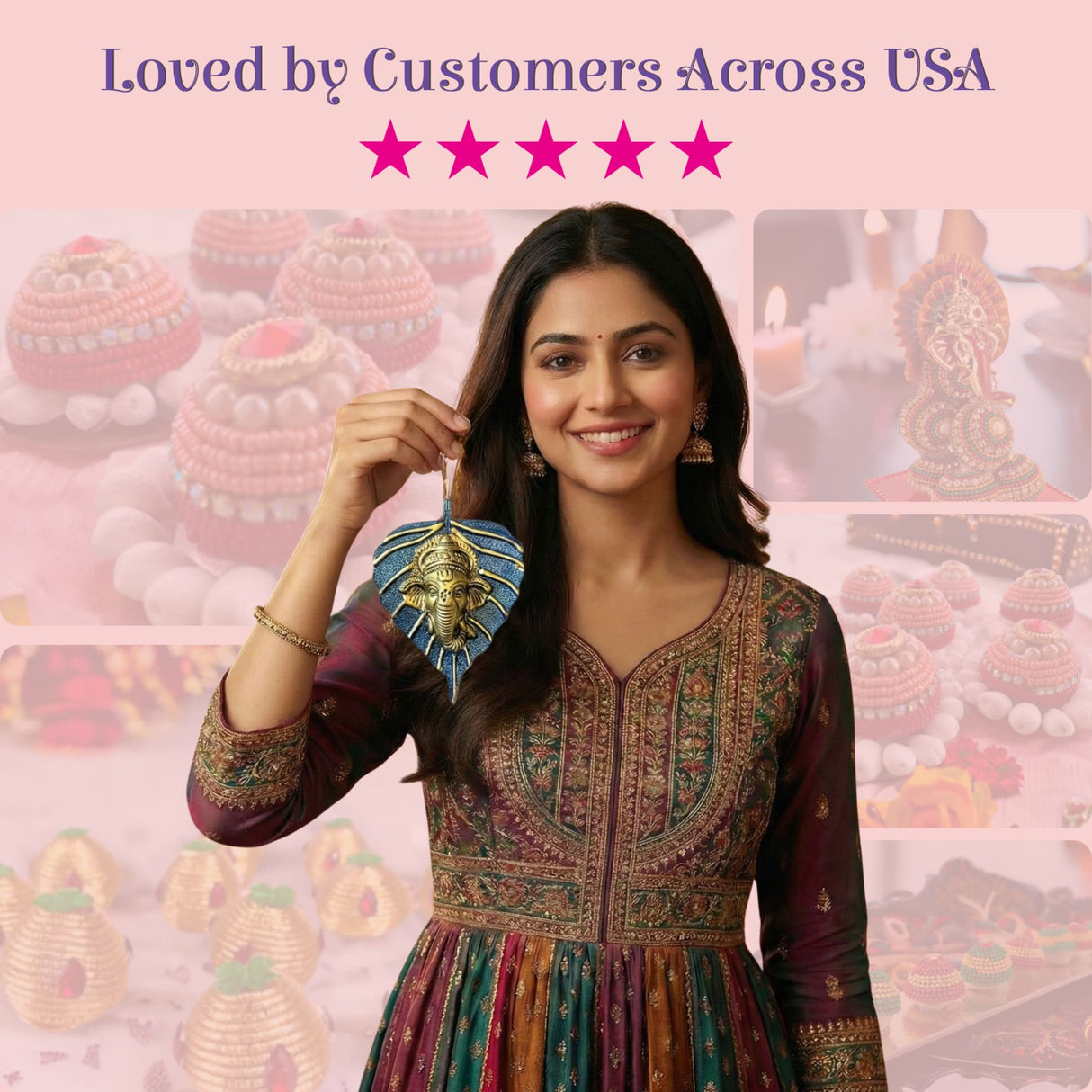 Blue gold leaf-shaped Ganesha metal wall hanging Diwali decor