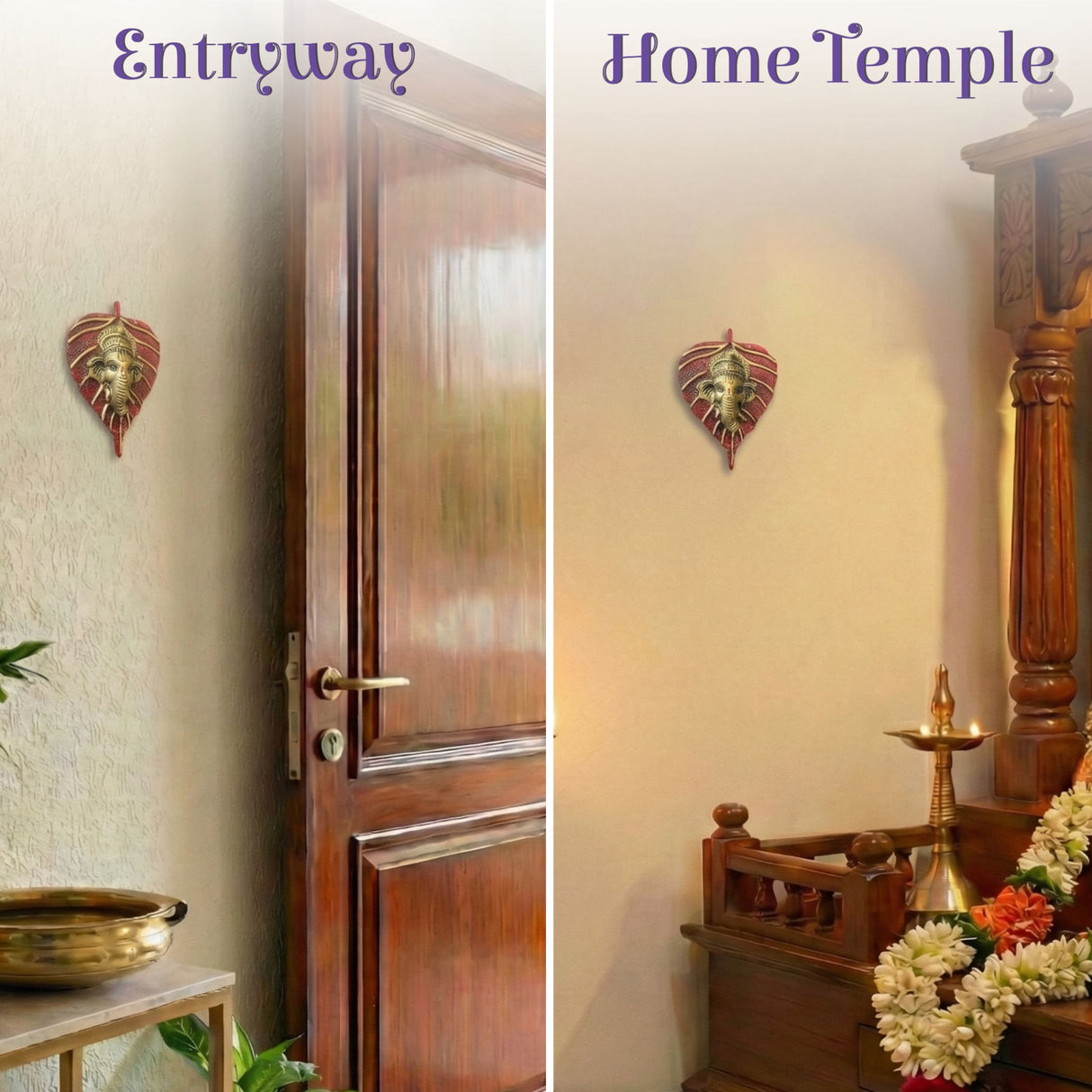 Red and gold leaf-shaped metal Ganesha wall decor for Diwali