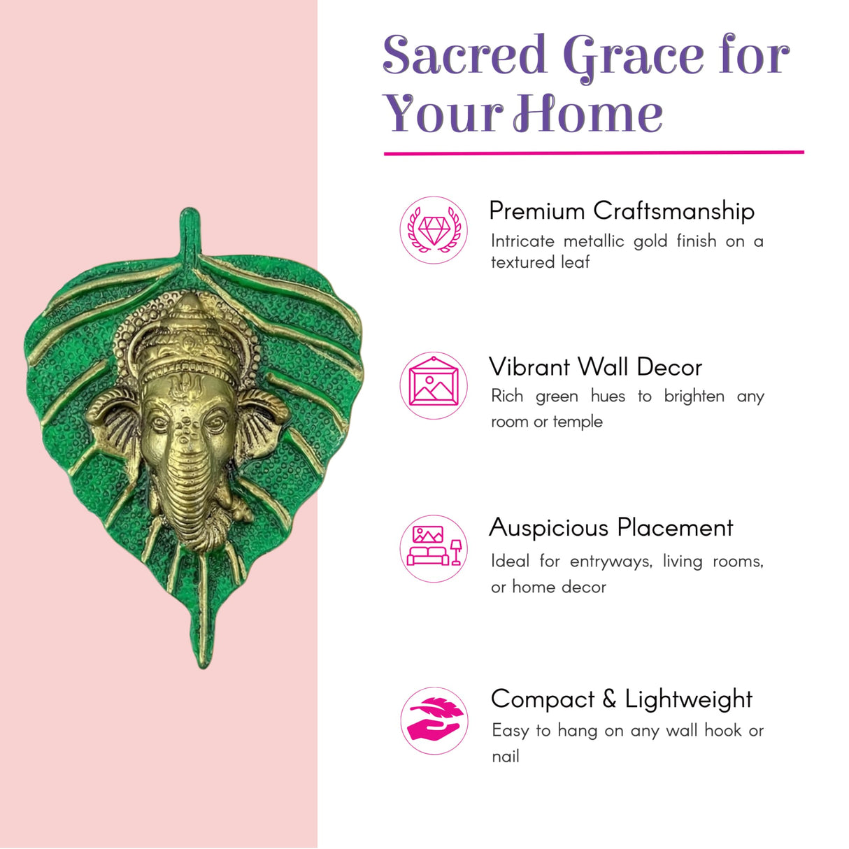Green leaf-shaped metallic gold Ganesha wall decor for Diwali