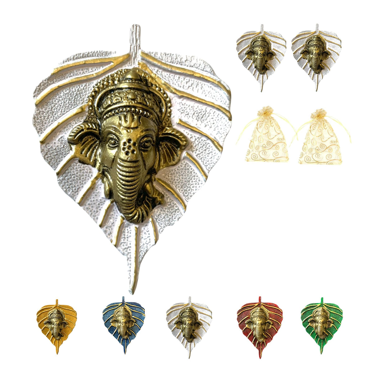 Metal Leaf Ganesha Diwali Decor Wall Hanging for Home & Office Housewarming Return Gift Pooja Favor Ganesha Decorative Wall Hanging Showpiece Pack of 1/2/5/25 Pcs - LoveNspire
