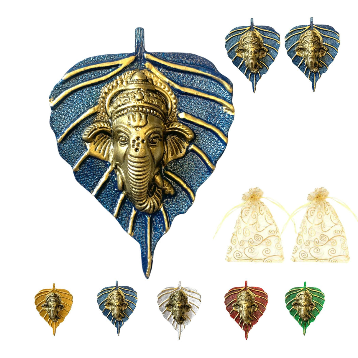 Metal Leaf Ganesha Diwali Decor Wall Hanging for Home & Office Housewarming Return Gift Pooja Favor Ganesha Decorative Wall Hanging Showpiece Pack of 1/2/5/25 Pcs - LoveNspire