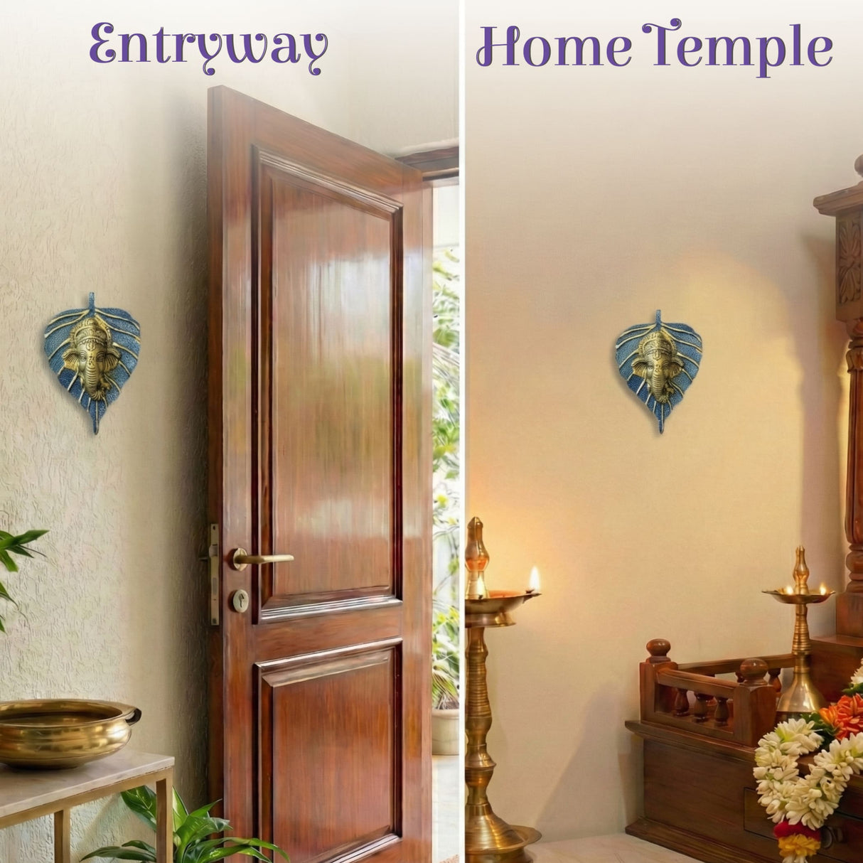 Blue and gold leaf-shaped metal Ganesha wall hanging decor