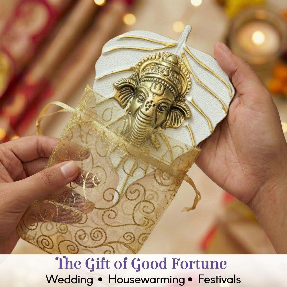 Golden Ganesha on leaf card in organza pouch, Diwali wall hanging gift