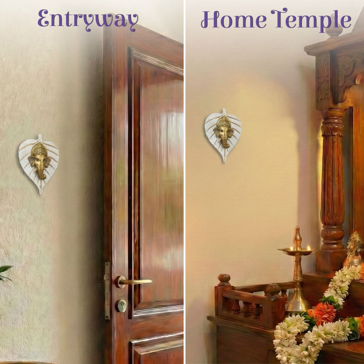 White leaf-shaped metal wall decor with golden Ganesha head for Diwali