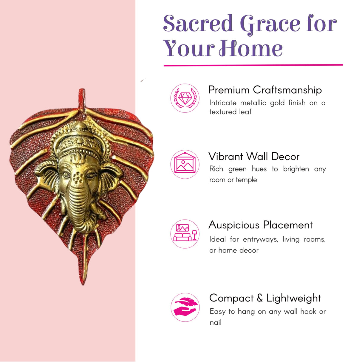 Metallic gold Ganesha on textured red leaf wall hanging decor