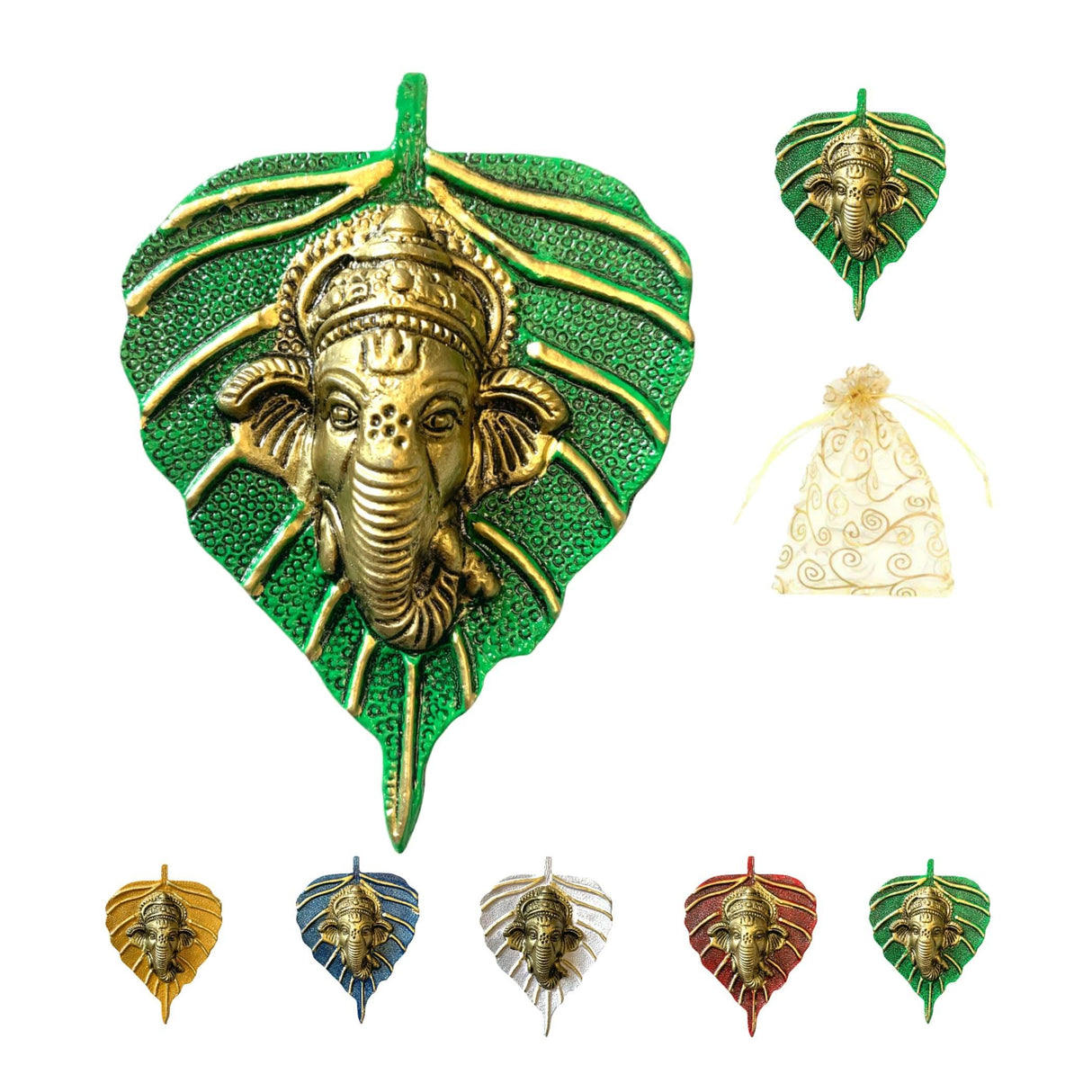 Metal Leaf Ganesha Diwali Decor Wall Hanging for Home & Office Housewarming Return Gift Pooja Favor Ganesha Decorative Wall Hanging Showpiece Pack of 1/2/5/25 Pcs - LoveNspire