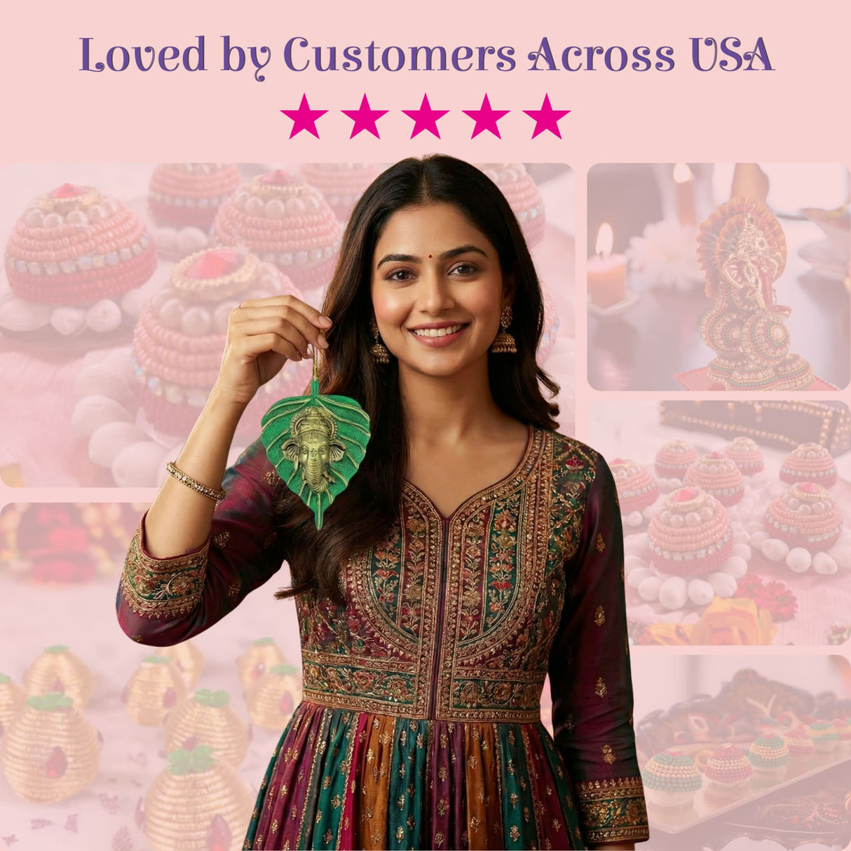 Green leaf Ganesha pendant, golden elephant Diwali wall hanging decor