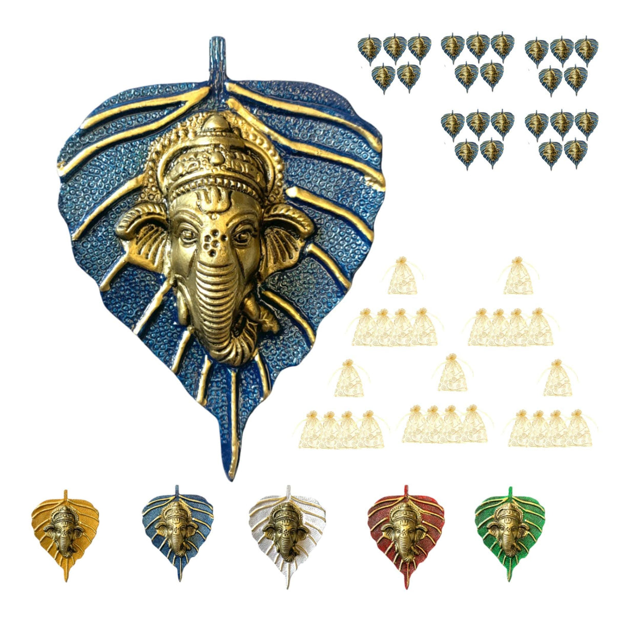 Metal Leaf Ganesha Diwali Decor Wall Hanging for Home & Office Housewarming Return Gift Pooja Favor Ganesha Decorative Wall Hanging Showpiece Pack of 1/2/5/25 Pcs - LoveNspire