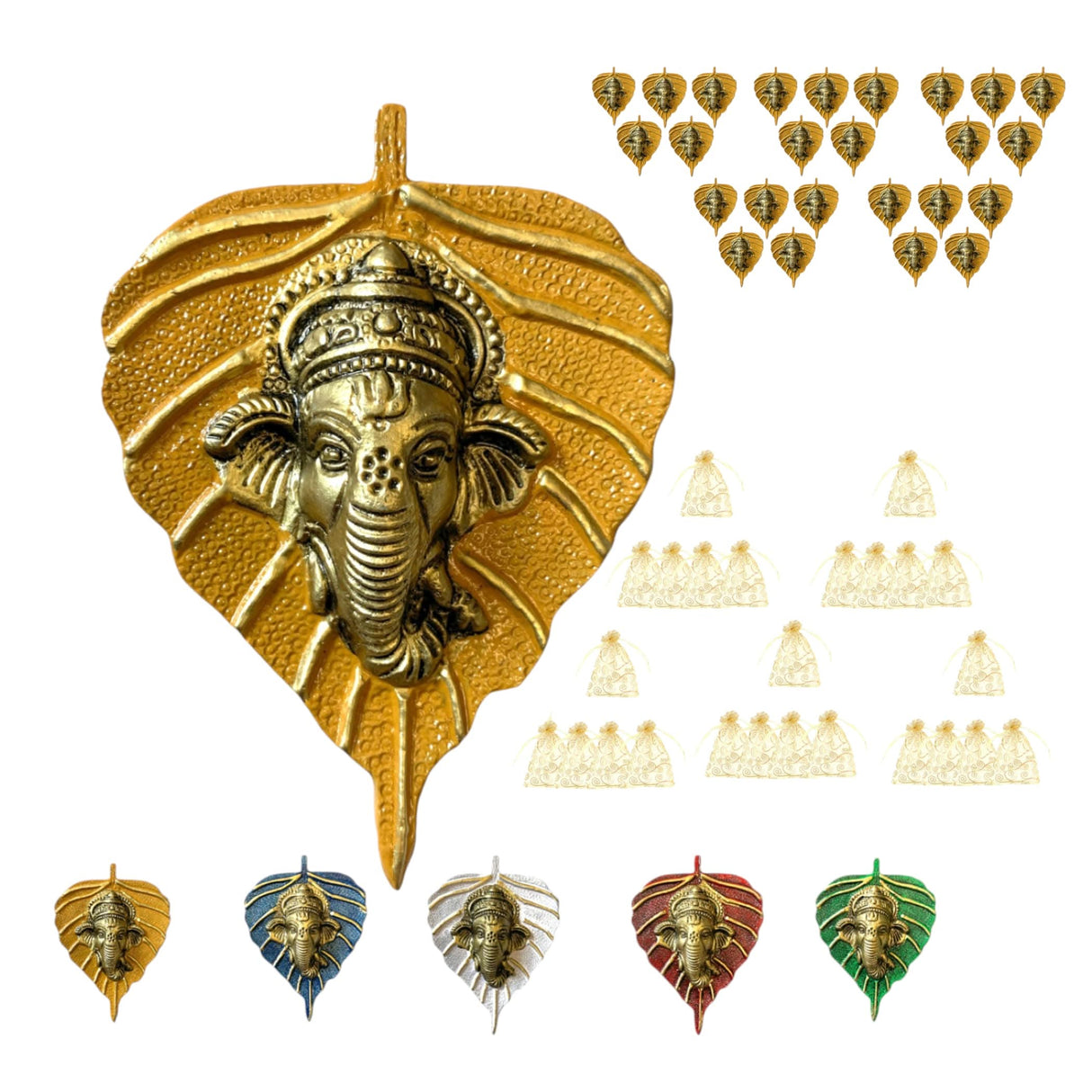 Metal Leaf Ganesha Diwali Decor Wall Hanging for Home & Office Housewarming Return Gift Pooja Favor Ganesha Decorative Wall Hanging Showpiece Pack of 1/2/5/25 Pcs - LoveNspire