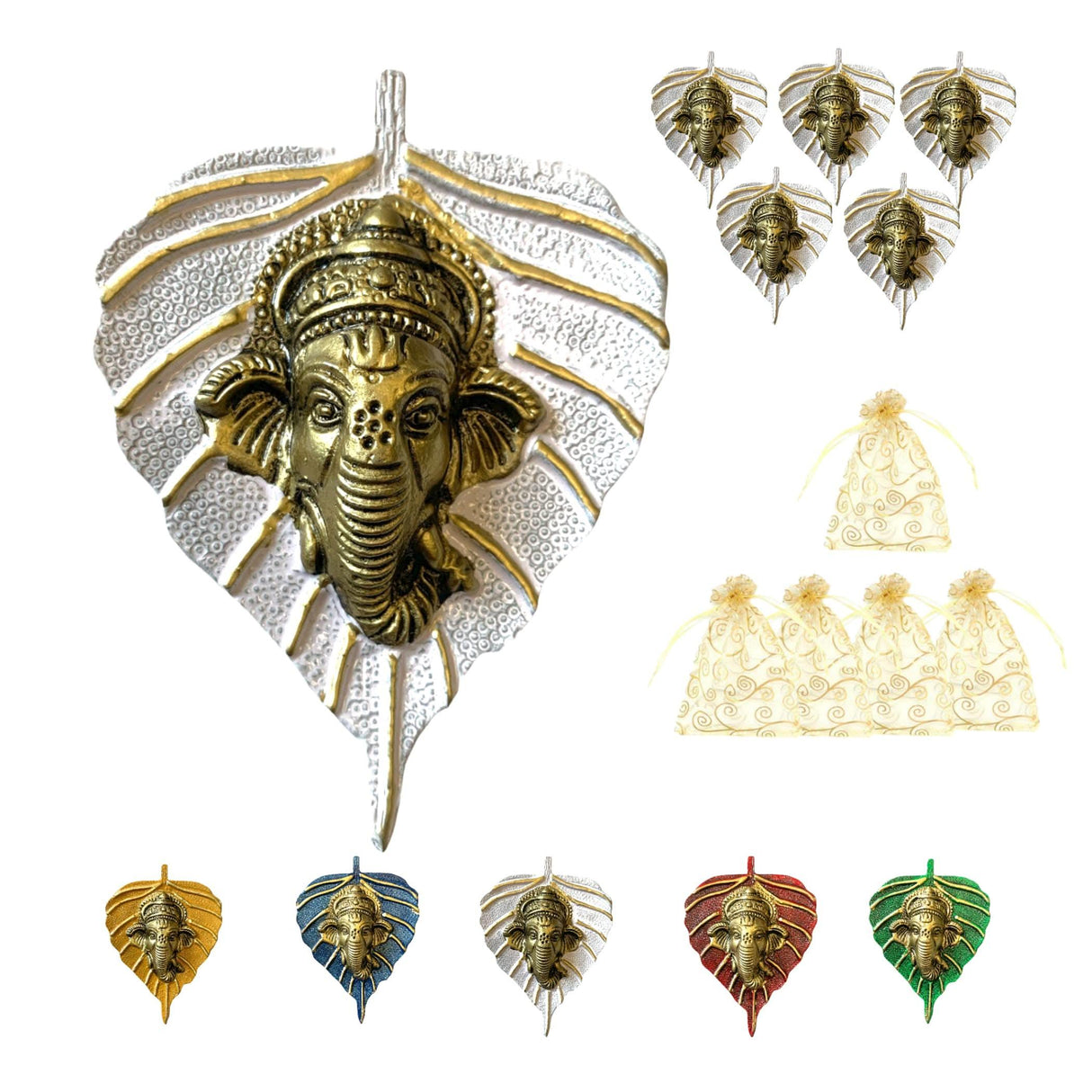 Metal Leaf Ganesha Diwali Decor Wall Hanging for Home & Office Housewarming Return Gift Pooja Favor Ganesha Decorative Wall Hanging Showpiece Pack of 1/2/5/25 Pcs - LoveNspire