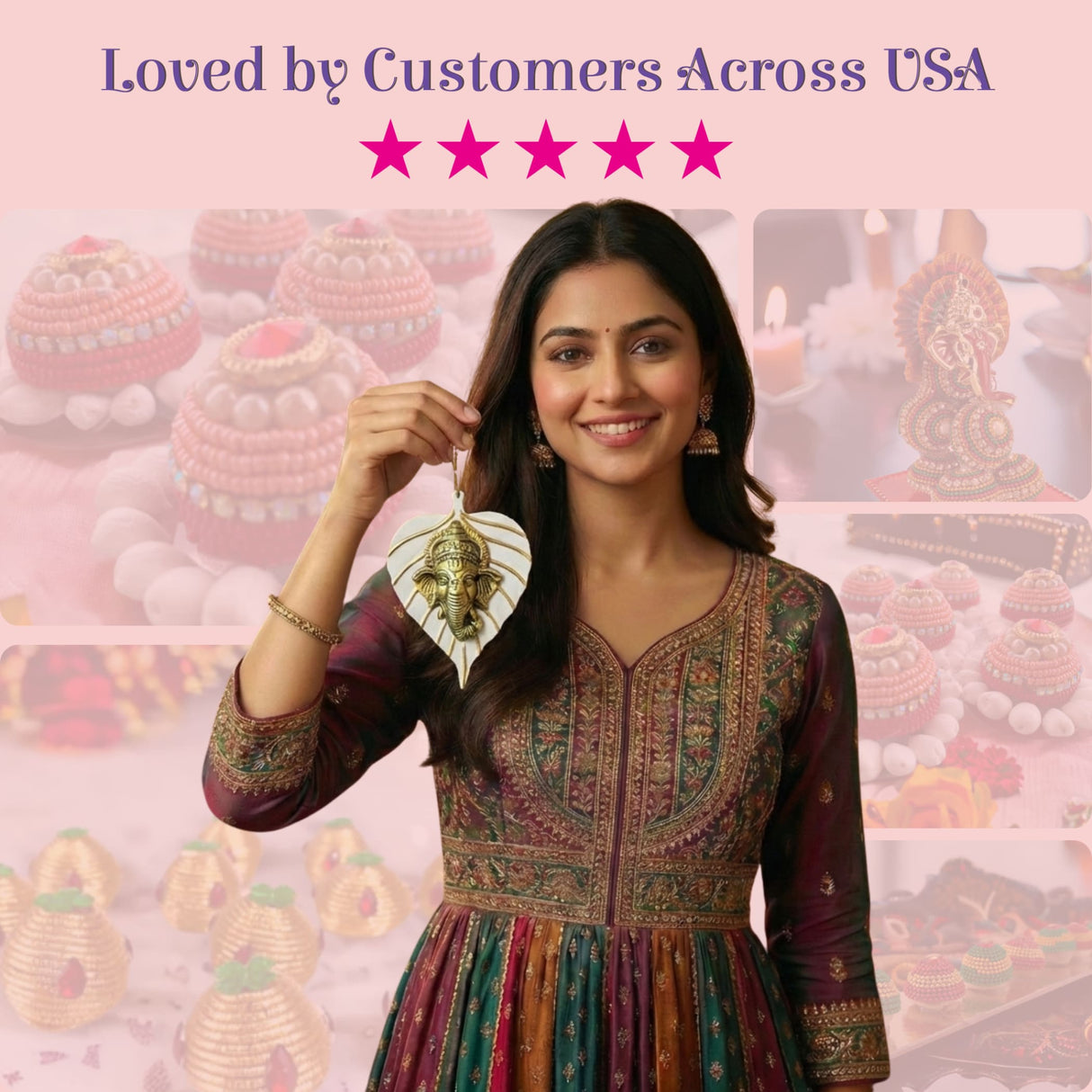 Golden Ganesha metal leaf Diwali decor wall hanging with white backing