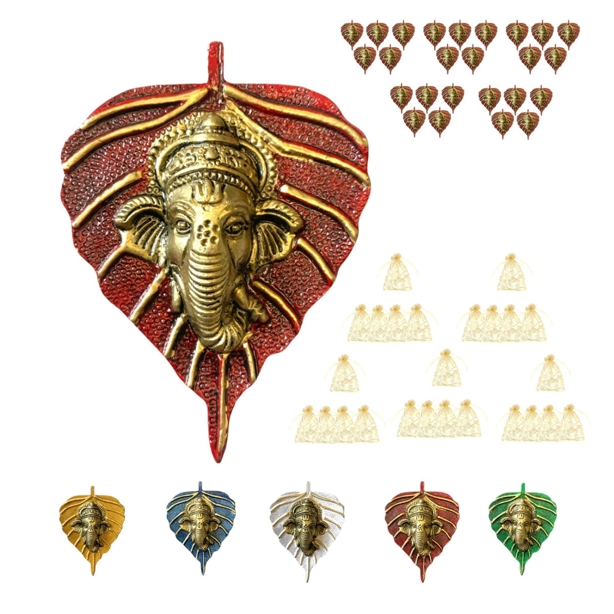 Metal Leaf Ganesha Diwali Decor Wall Hanging for Home & Office Housewarming Return Gift Pooja Favor Ganesha Decorative Wall Hanging Showpiece Pack of 1/2/5/25 Pcs - LoveNspire