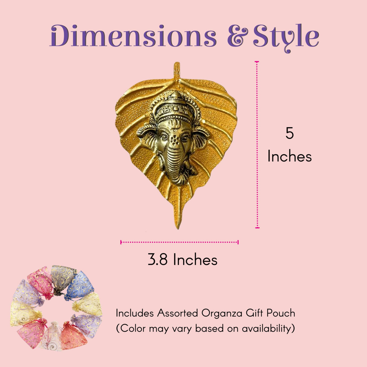 Golden Ganesha leaf pendant, intricate embossed metal Diwali wall hanging