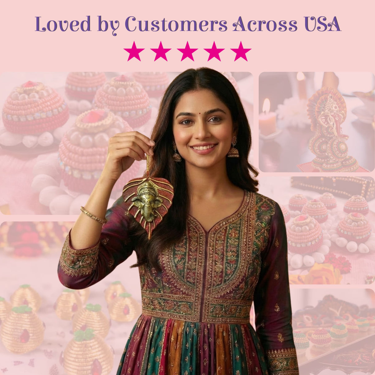 Golden metal leaf Ganesha Diwali decor wall hanging ornament with red base