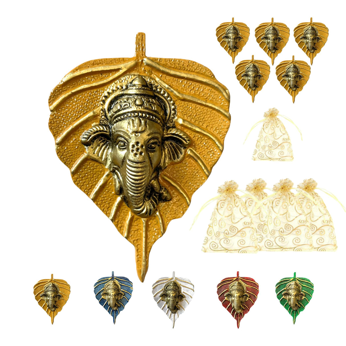 Metal Leaf Ganesha Diwali Decor Wall Hanging for Home & Office Housewarming Return Gift Pooja Favor Ganesha Decorative Wall Hanging Showpiece Pack of 1/2/5/25 Pcs - LoveNspire