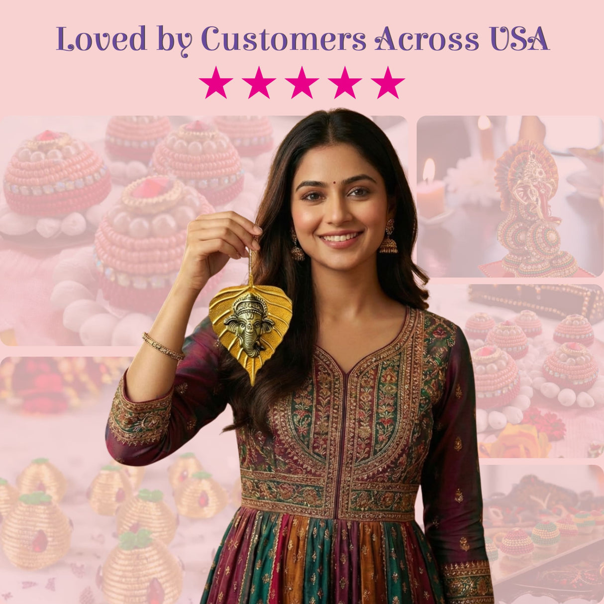 Golden leaf-shaped Ganesha metal wall hanging Diwali decor ornament