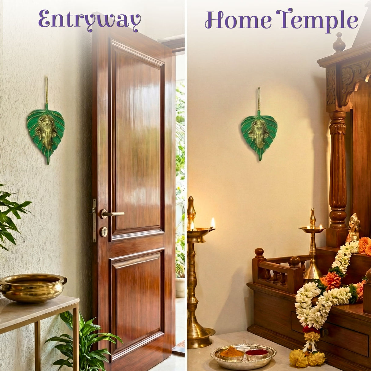 Green leaf-shaped metal wall hanging with brass Ganesha for Diwali decor