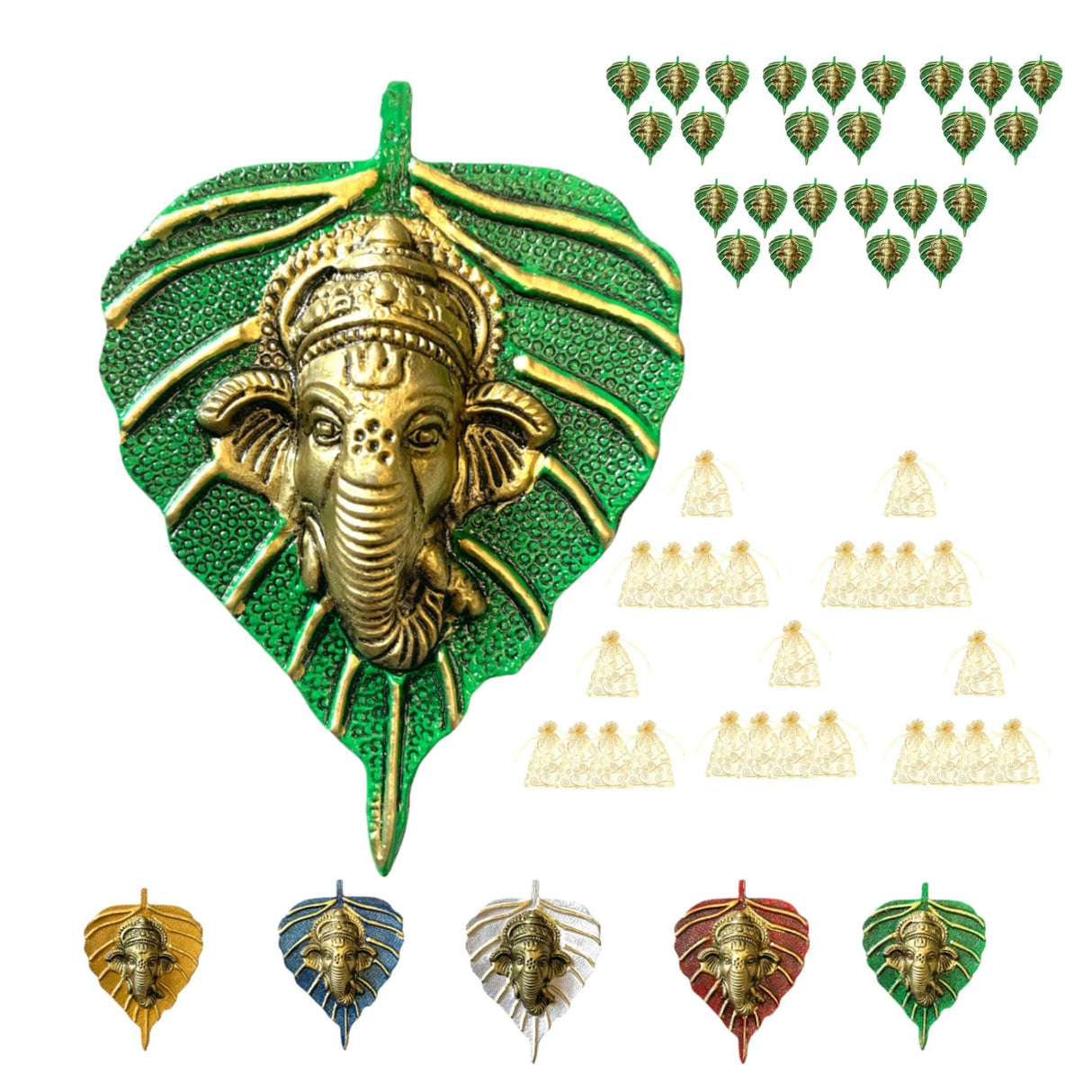 Metal Leaf Ganesha Diwali Decor Wall Hanging for Home & Office Housewarming Return Gift Pooja Favor Ganesha Decorative Wall Hanging Showpiece Pack of 1/2/5/25 Pcs - LoveNspire