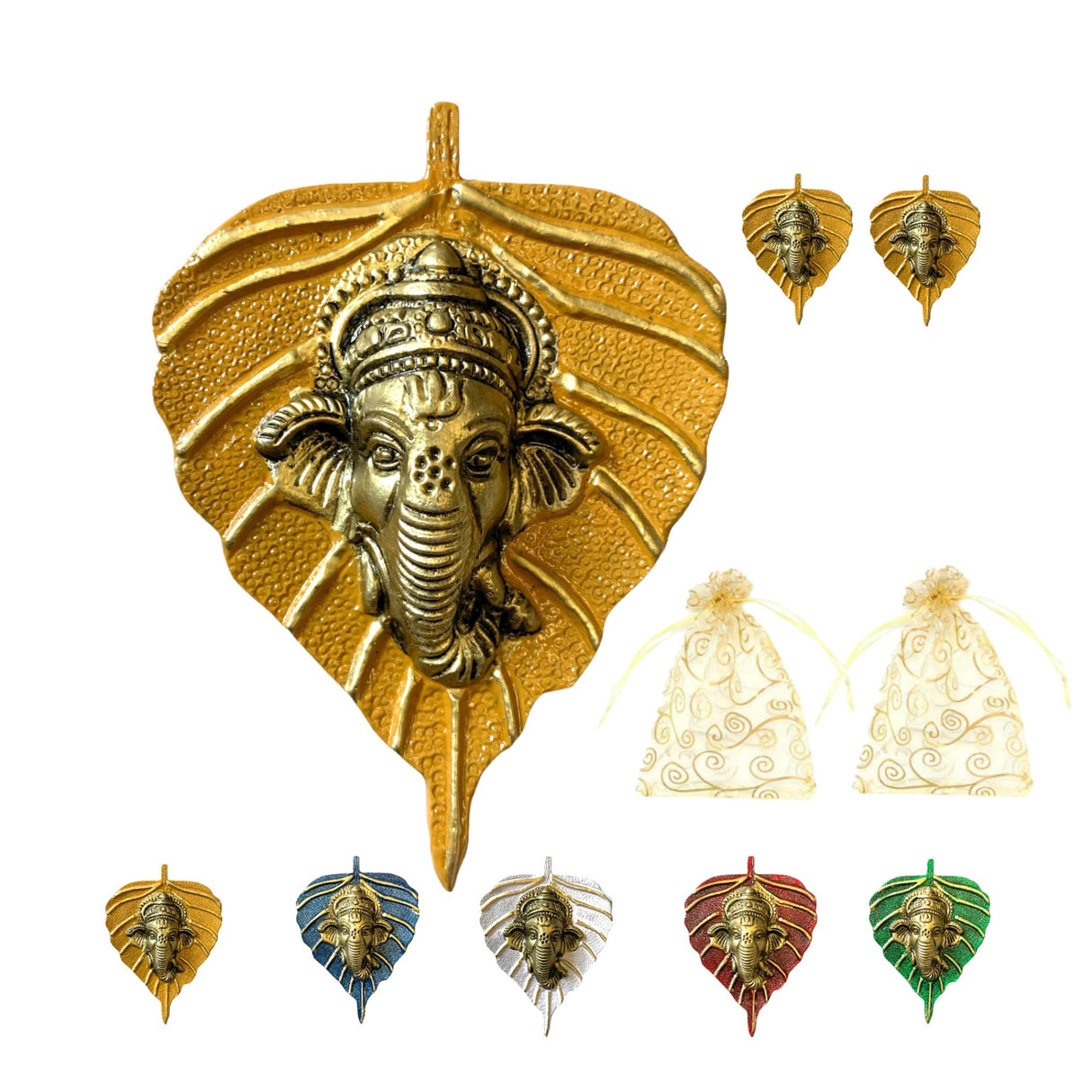 Metal Leaf Ganesha Diwali Decor Wall Hanging for Home & Office Housewarming Return Gift Pooja Favor Ganesha Decorative Wall Hanging Showpiece Pack of 1/2/5/25 Pcs - LoveNspire