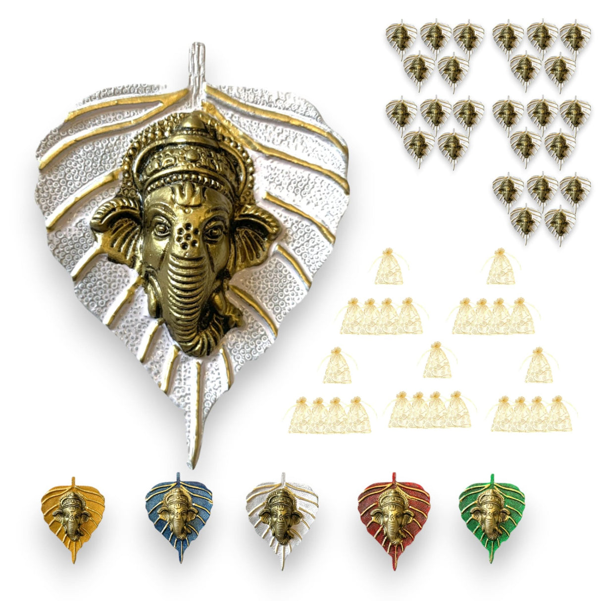 Metal Leaf Ganesha Diwali Decor Wall Hanging for Home & Office Housewarming Return Gift Pooja Favor Ganesha Decorative Wall Hanging Showpiece Pack of 1/2/5/25 Pcs - LoveNspire