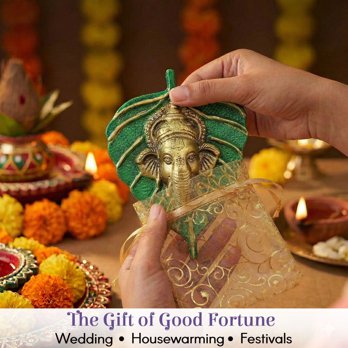 Golden Ganesha figurine on leaf base, Diwali wall hanging decor