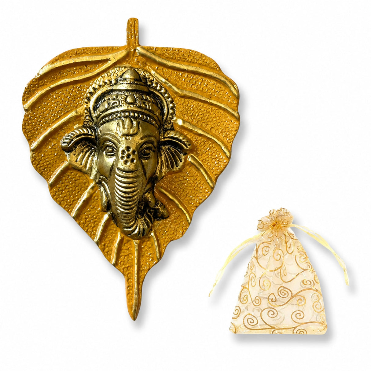 Metal leaf ganesha wall hanging decor featuring a golden metallic ganesha head pendant with intricate embossed patterns