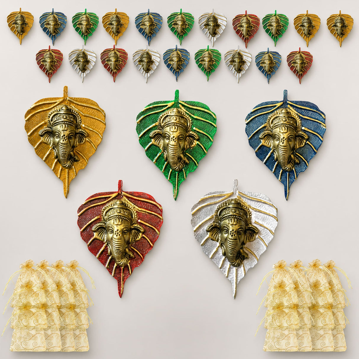 Metal leaf ganesha wall hanging decor featuring leaf-shaped metallic gold green blue red and silver finishes for home office use