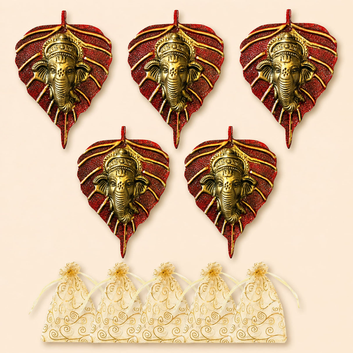 Metal leaf ganesha wall hanging decor featuring red glittery leaves and golden intricate ganesha faces for home and office