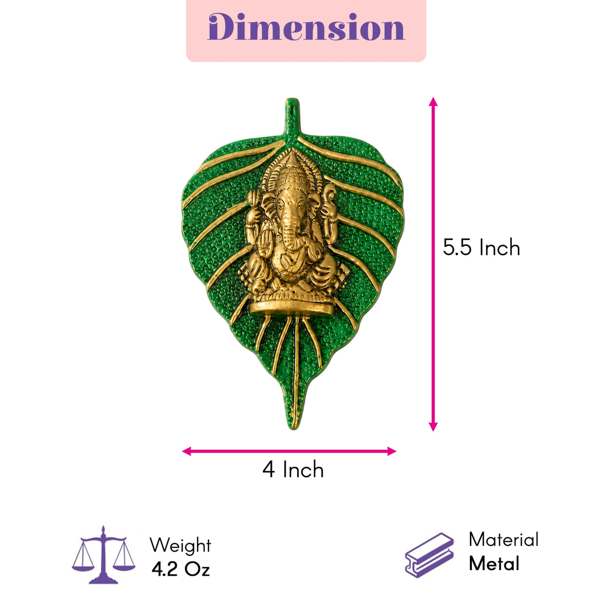 A golden ganesha figurine intricately detailed in a vibrant green metal leaf frame for diwali decor wall hanging