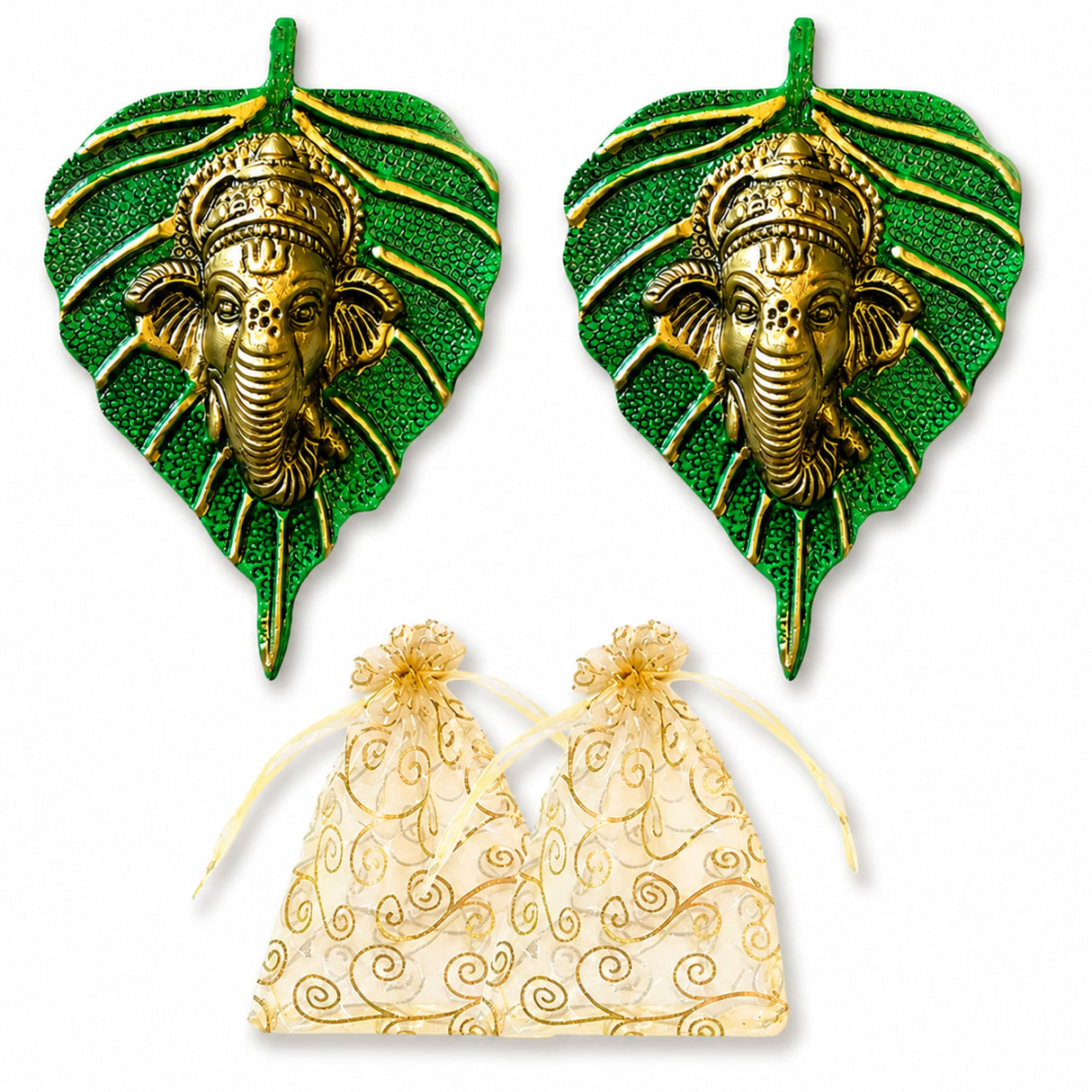 Green leaf shaped metal wall decor featuring golden intricate ganesha heads for home living room diwali decorations