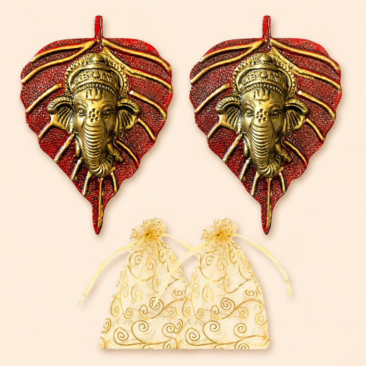 Metal leaf ganesha wall hanging decor in red and gold featuring intricate ganesha carvings for home and office
