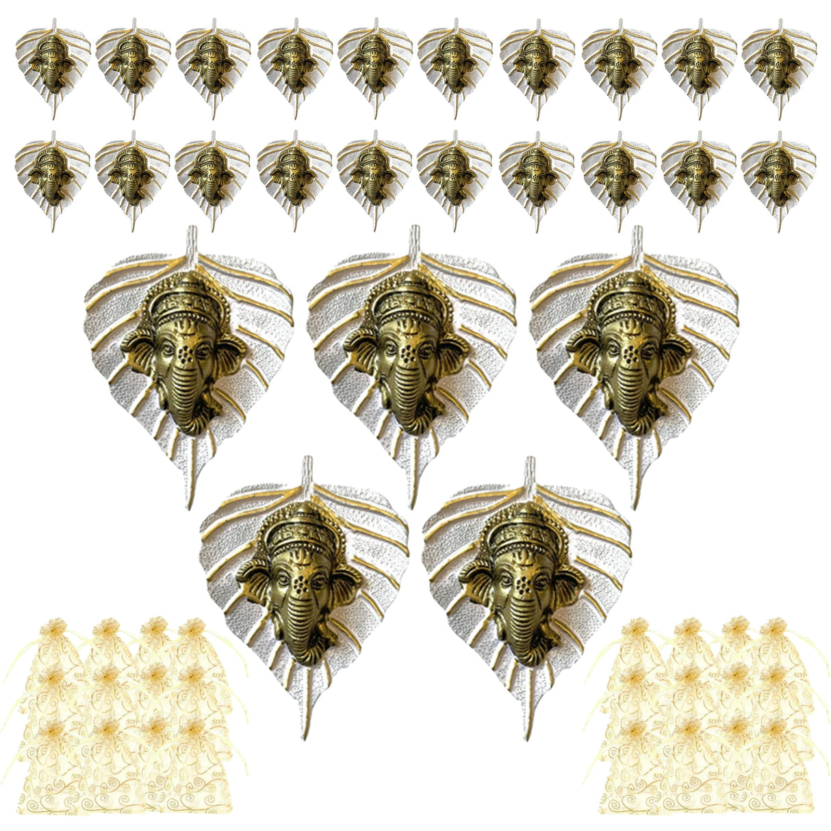 Golden ganesha head charms set on silver metal leaf bases decorative indian wall hanging for home and office decor