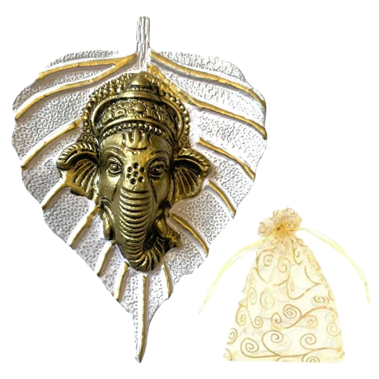 Metal leaf ganesha wall hanging decor with golden ganesha head mounted on a silver leaf plaque for home and office