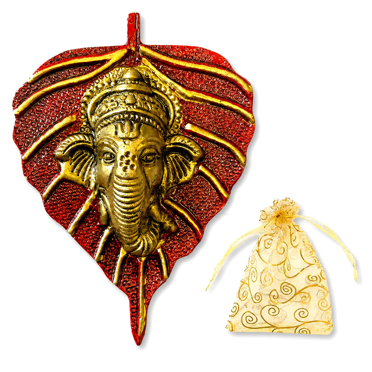 Metal leaf ganesha wall hanging decor featuring a golden ganesha figure on a textured red leaf background for home use