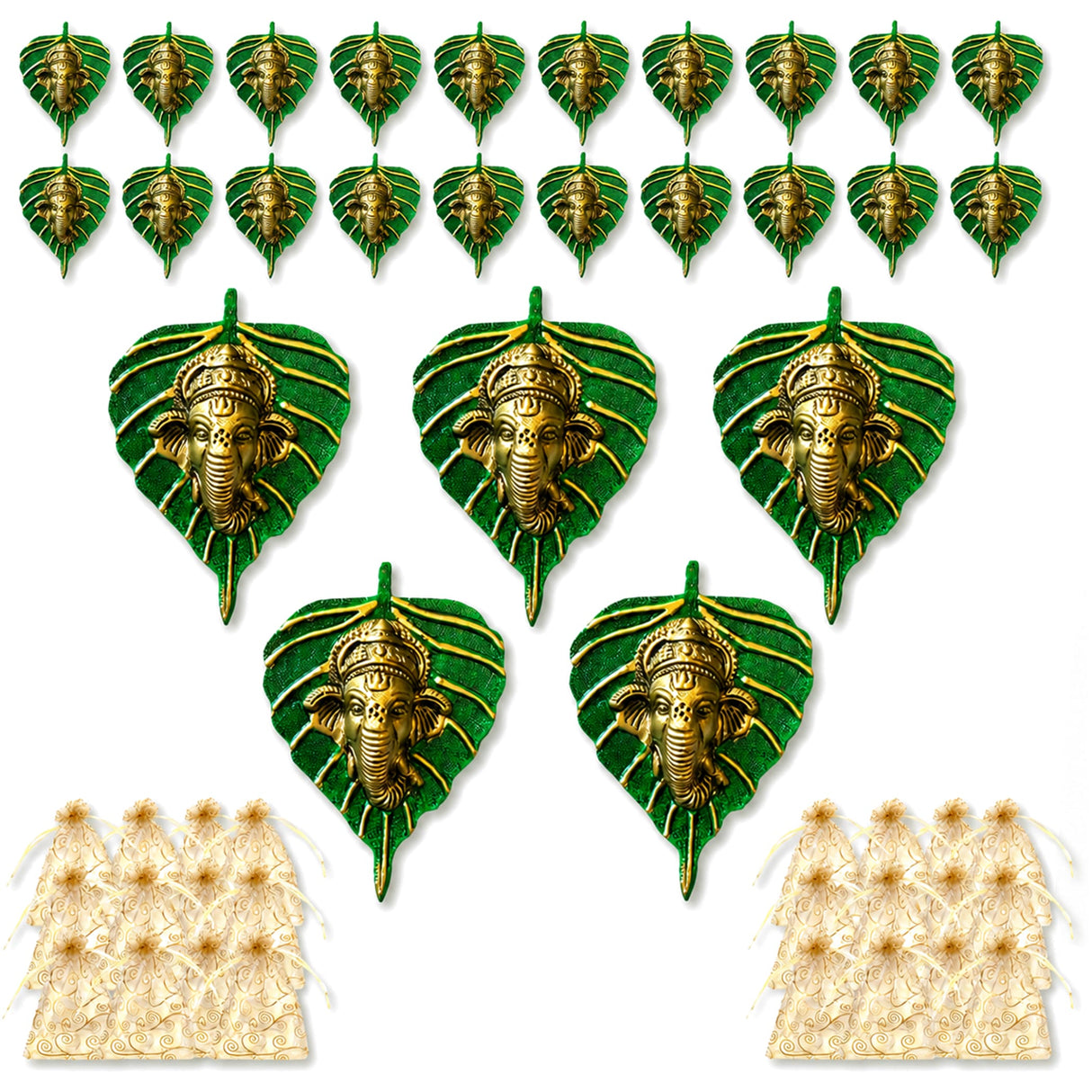 Metal leaf ganesha wall hanging decor with green leaf shapes and golden metallic ganesha faces for home and office use