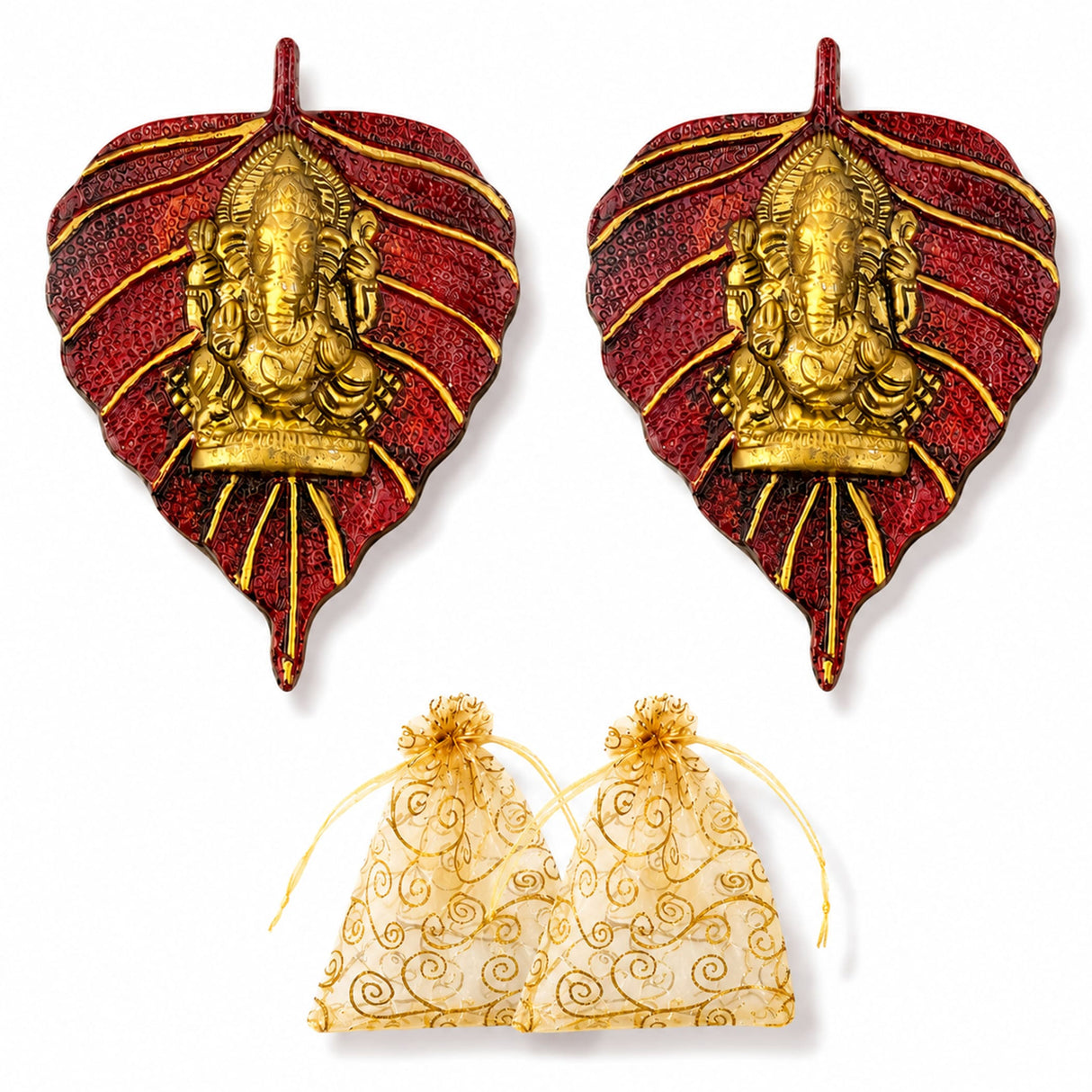 Red and gold metal leaf-shaped wall hanging featuring a central golden Ganesha for Diwali decor and pooja use